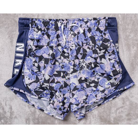 Nike Dry Fit Tempo Lined Running Shorts Purple Flowers Navy Blue Womens Size L - Picture 1 of 12